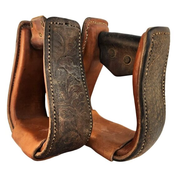Vintage Tooled Leather Western Stirrup Set of 2, Country Cowboy Farmhouse Decor - Picture 1 of 11